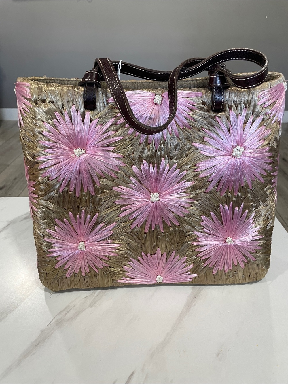 kate spade Straw Tote with Pink Floral Embroidery and Brown Handles